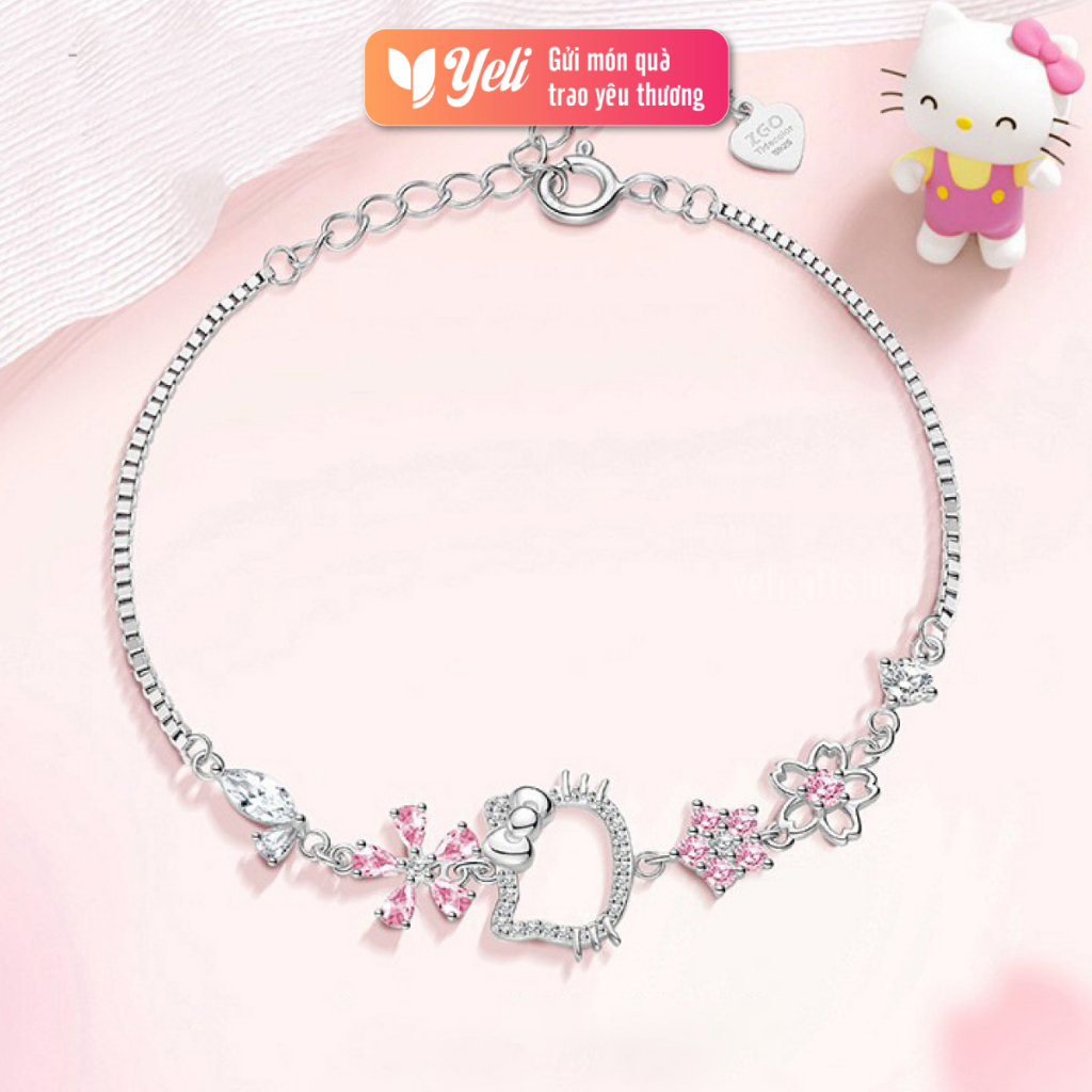 Vòng tay Hello Kitty Bạc Ý sang trọng, sáng bóng, Vòng tay tặng bạn gái, người yêu xinh xắn, Tặng kèm hộp túi