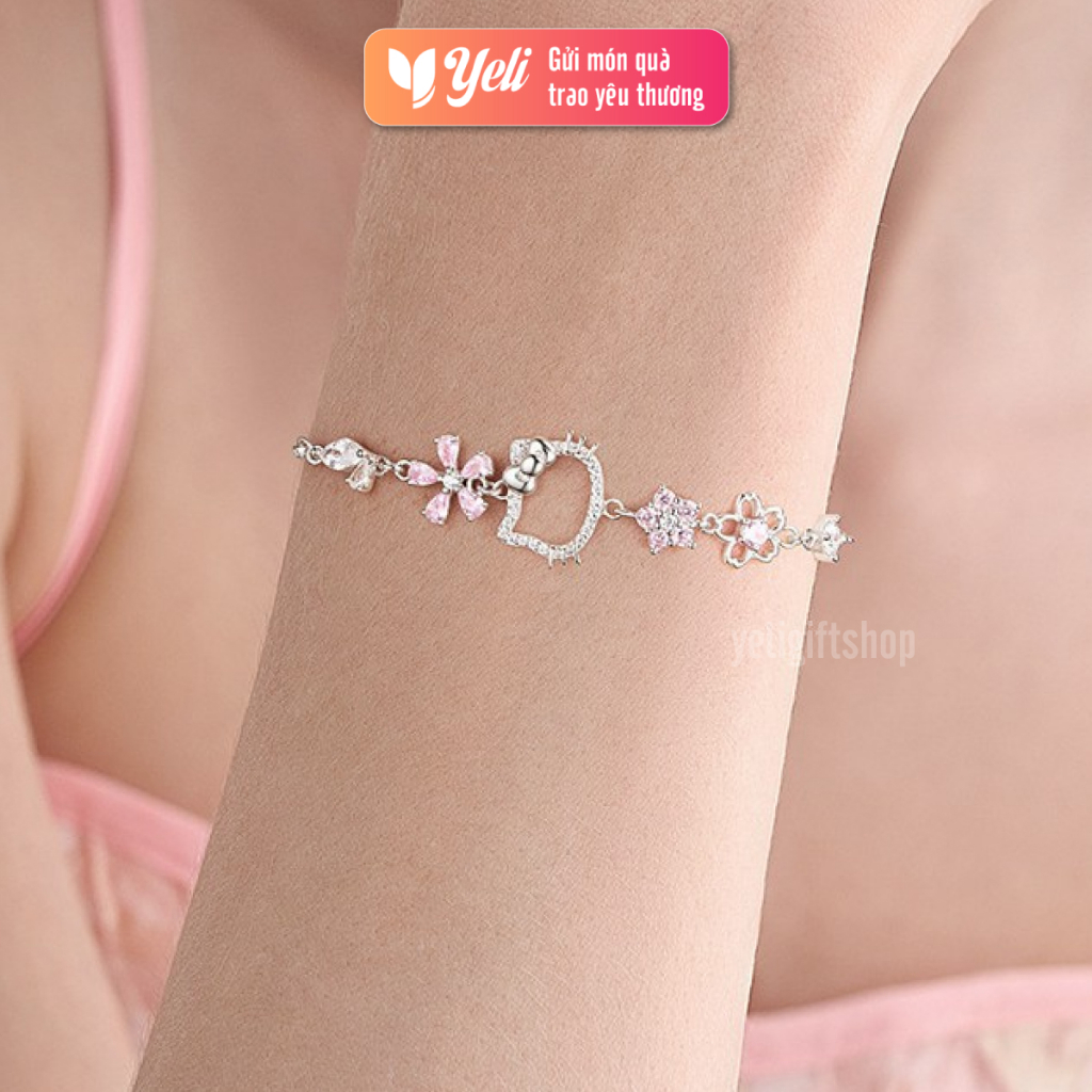 Vòng tay Hello Kitty Bạc Ý sang trọng, sáng bóng, Vòng tay tặng bạn gái, người yêu xinh xắn, Tặng kèm hộp túi