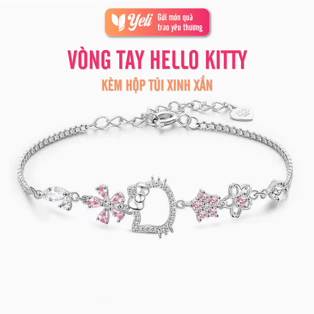 Vòng tay Hello Kitty Bạc Ý sang trọng, sáng bóng, Vòng tay tặng bạn gái, người yêu xinh xắn, Tặng kèm hộp túi