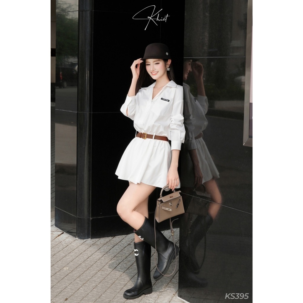 Set đầm sơ mi Khiết chất liệu kate tre tone trắng phối thắt lưng da nâu phong cách thanh lịch KS395