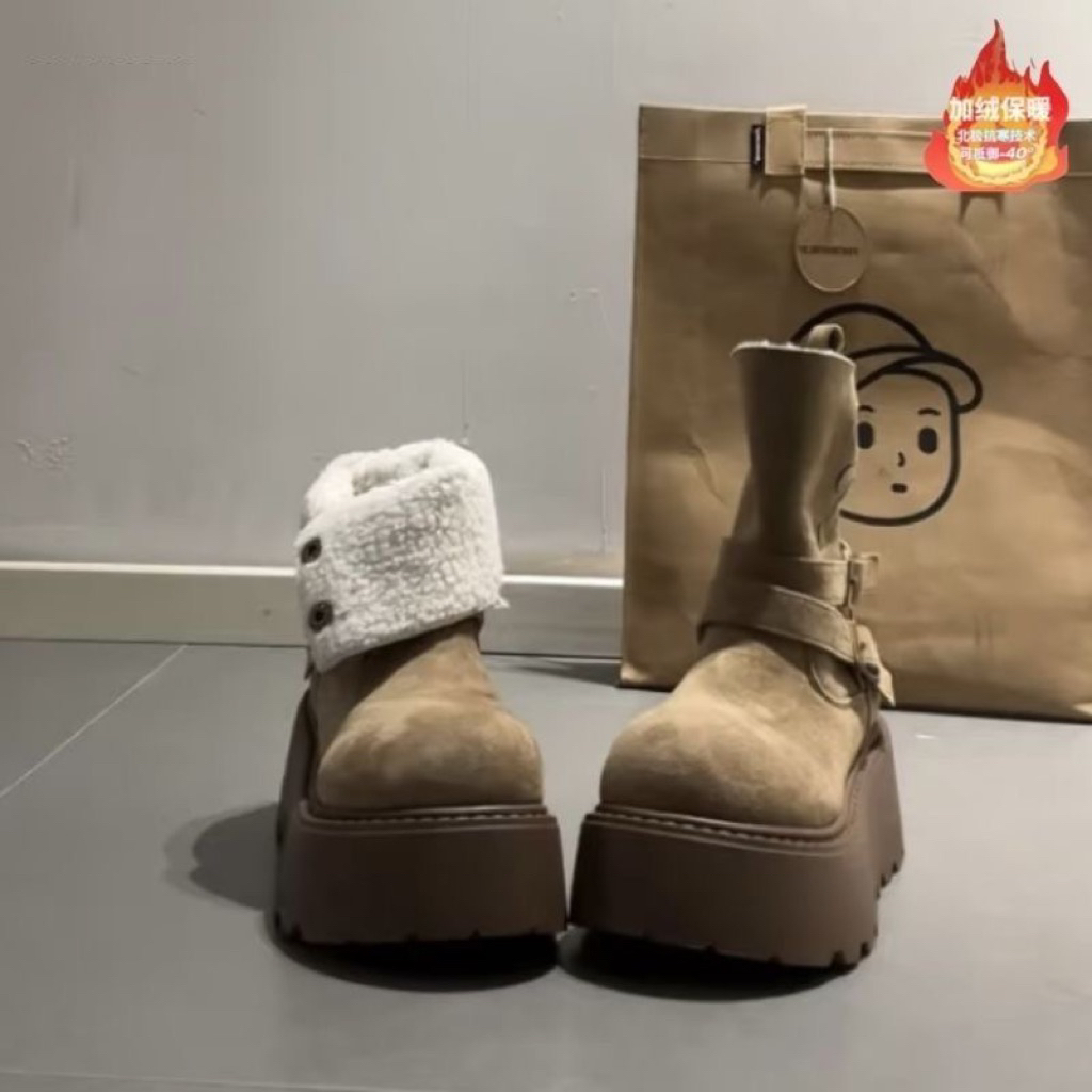 [VIDEO+Ảnh Thật]-Giày boot da lộn lót lông nữ – 2 màu nâu/trắng – Độn đế 5–7cm – Size 35–45