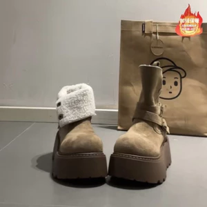-Giày boot da lộn lót lông nữ – 2 màu nâu/trắng – Độn đế 5–7cm – Size 35–45