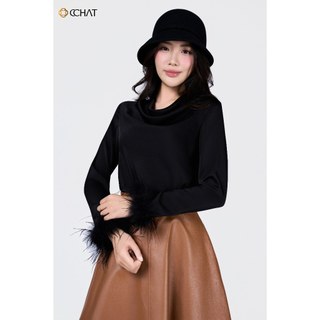 Áo Kiểu Nữ 𝐂𝐂𝐇𝐀𝐓 Dáng Suông Cổ Đổ Đính Lông Chất Liệu Lụa Mát 24ADL8005ST