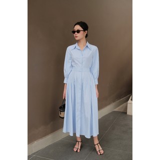 Váy sơ mi nữ kẻ sọc dáng xoè tay dài, kèm đai Mio Lady VA022