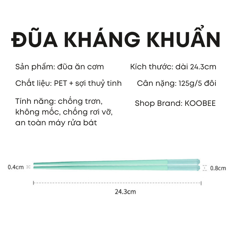 Bộ 5 Đôi Đũa Sợi Thủy Tinh Kháng Khuẩn KOOBEE – 5 Màu Cao Cấp, Không Mốc, Chống Trơn, Chịu Nhiệt, Dùng Máy Rửa Bát| 009