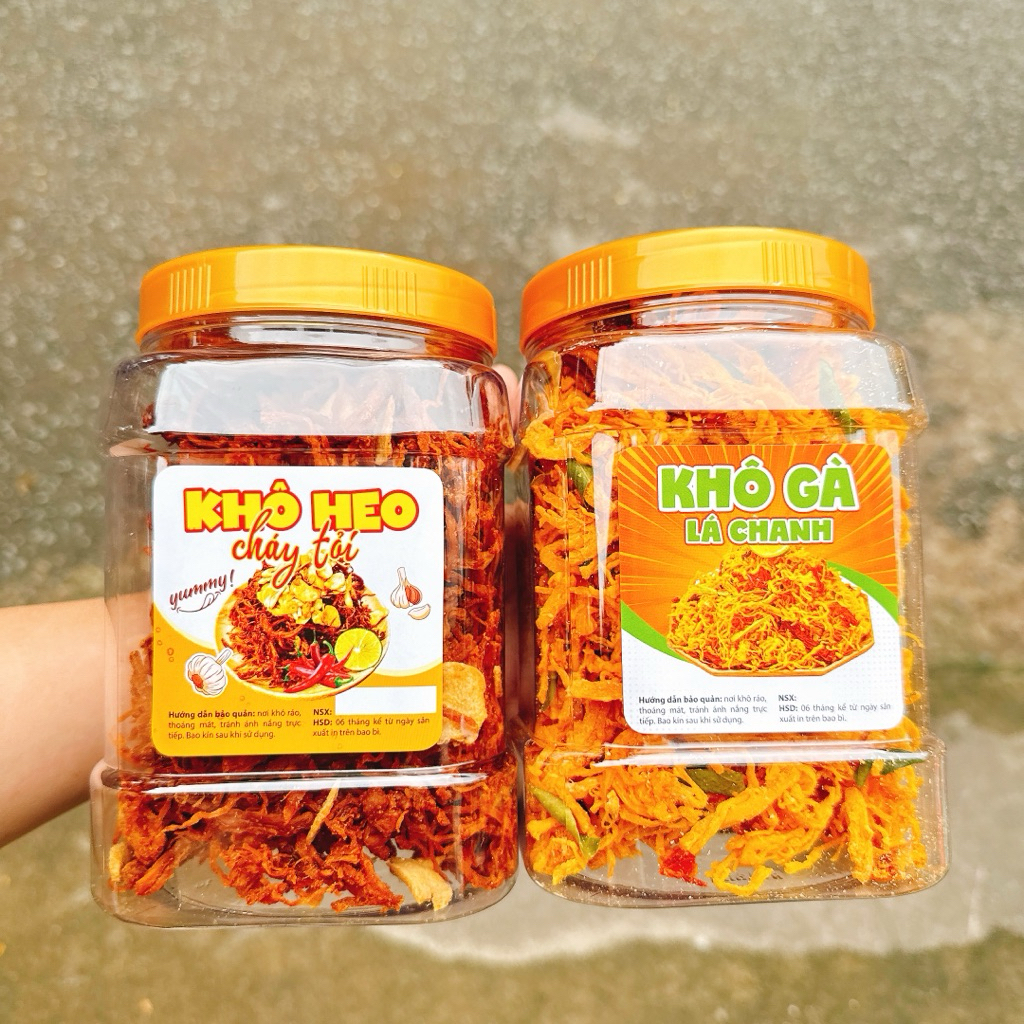 combo 1KG - 2 Hộp x 500Gr (1KHÔ GÀ LÁ CHANH 500g + 1KHÔ HEO TỎI 500gr)  loại ngon đặc biệt Sạch Nhà Làm