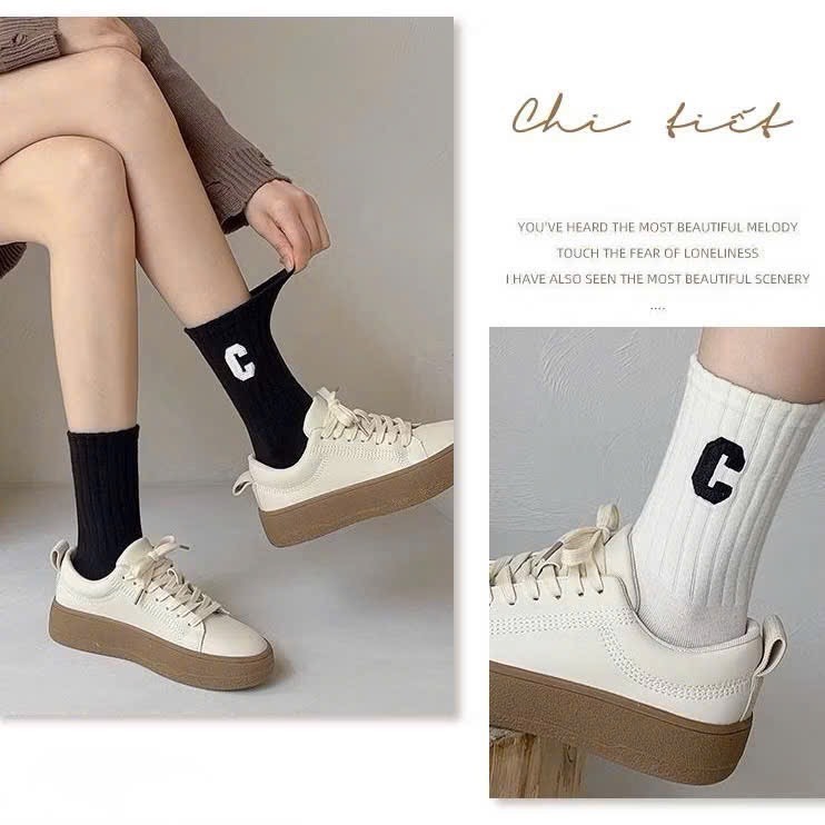 [LOẠI DÀY]Combo 10 đôi Tất cổ cao nữ nam chữ C, chất liệu cotton co giãn thoáng khí, êm ái và ấm áp