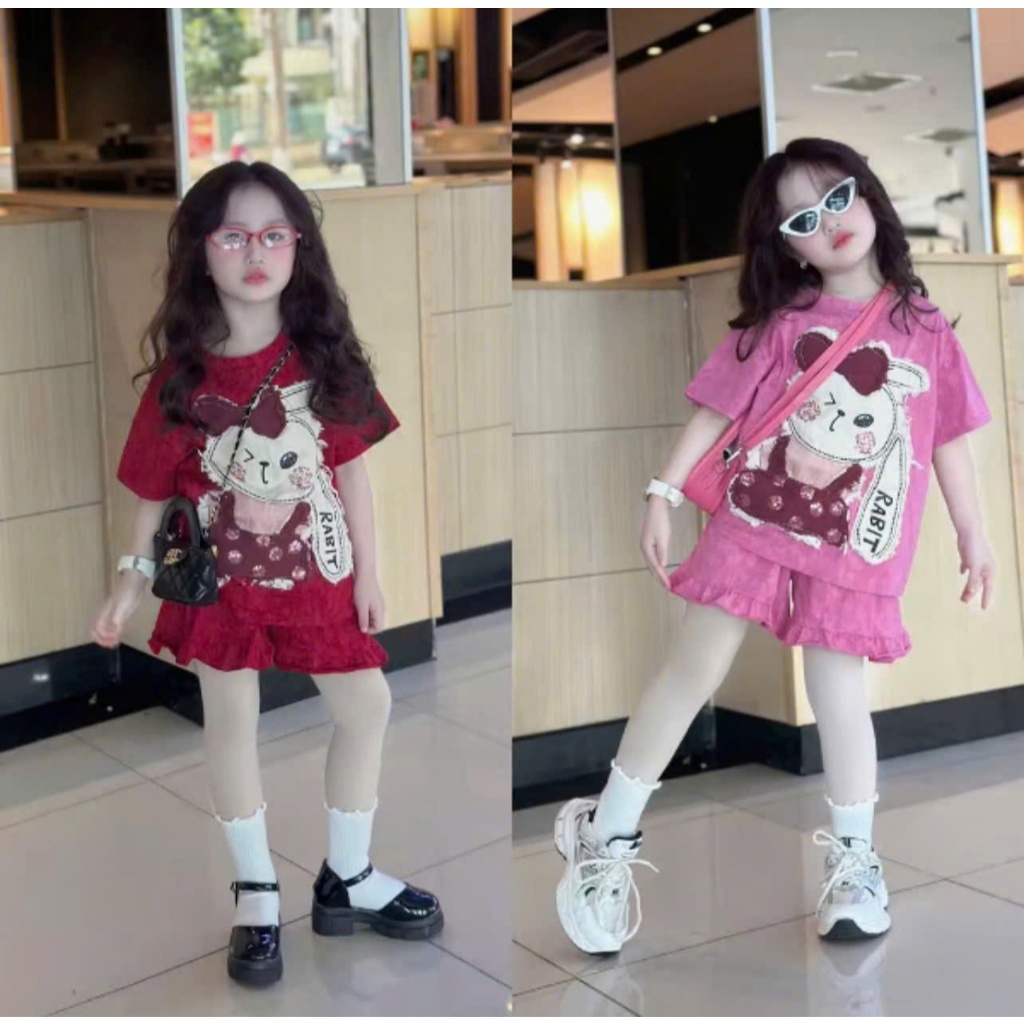 (COMBO 2) Set Bộ Quần Áo Loang in Hình Hottrend Thỏ RABIT Viền Quần dành cho bé Gái sz 9-36kg.Chất liệu tixi mềm mịn