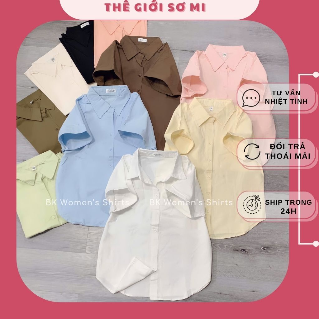 Áo Sơ Mi Nữ Tay Ngắn Chất Vải Kaki Cotton Mềm Màu Pastel Có Thêu Ngựa Xinh Dễ Phối Kiểu