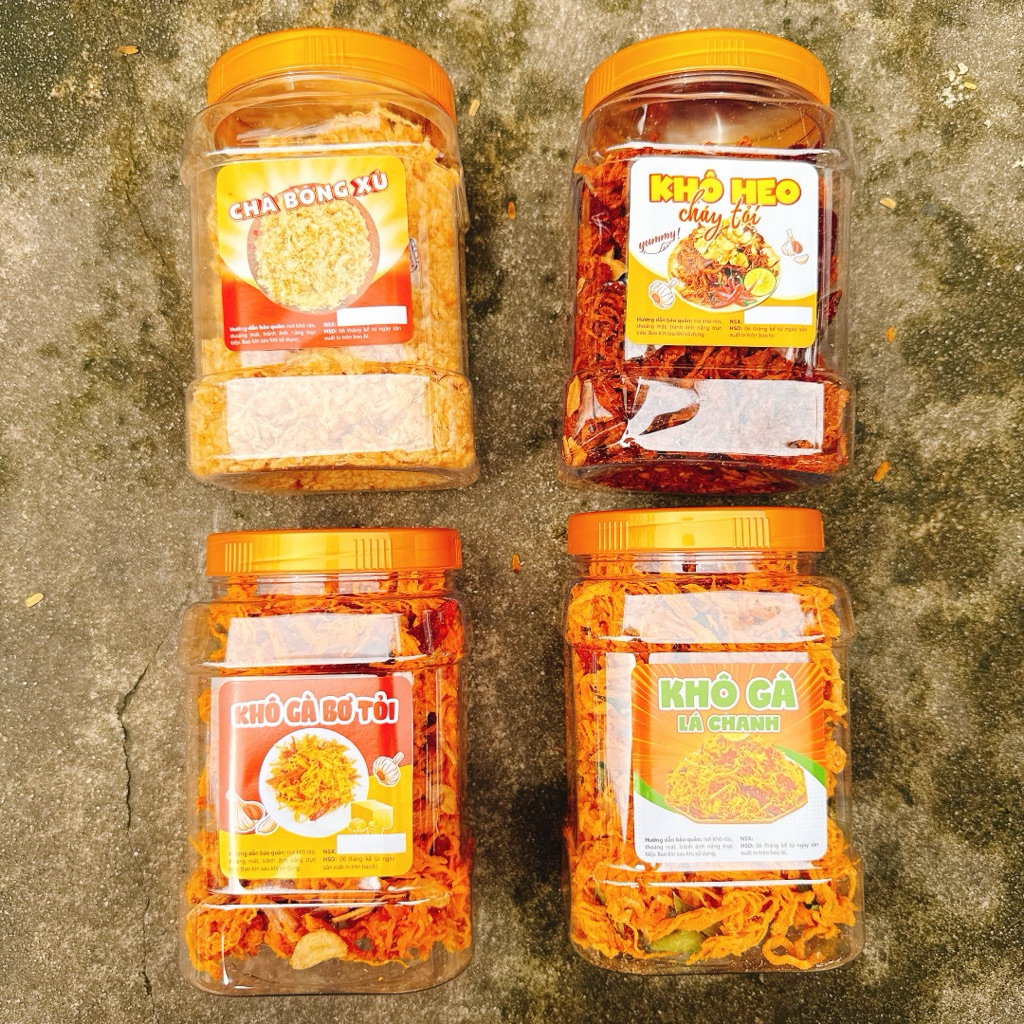 combo 2KG - 4hộpx500gr (1Gà Lá Chanh 500g + 1 Khô Vị Heo Tỏi 500g + 1Gà Tỏi 500g + 1 Chà Bông Xù 500g)