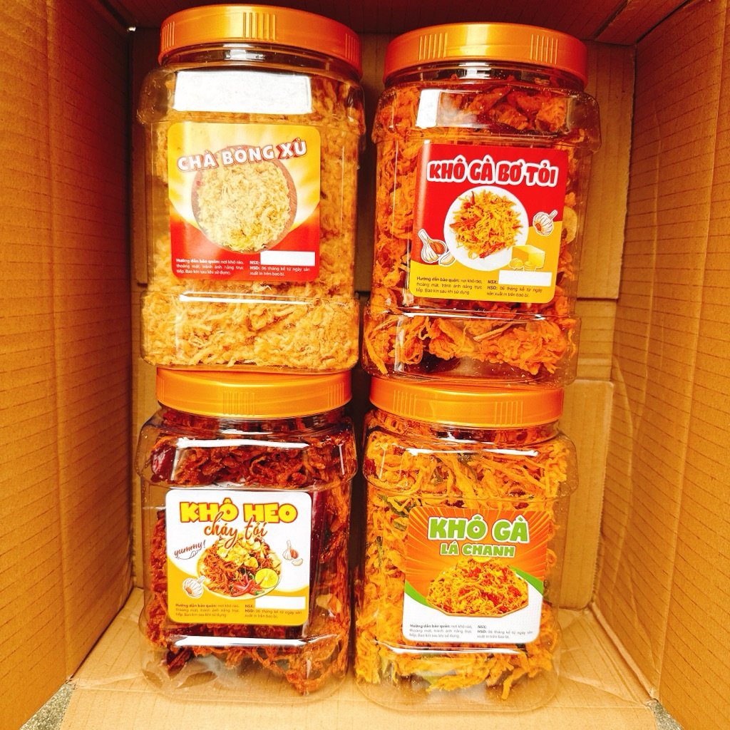 combo 2KG - 4hộpx500gr (1Gà Lá Chanh 500g + 1 Khô Vị Heo Tỏi 500g + 1Gà Tỏi 500g + 1 Chà Bông Xù 500g)