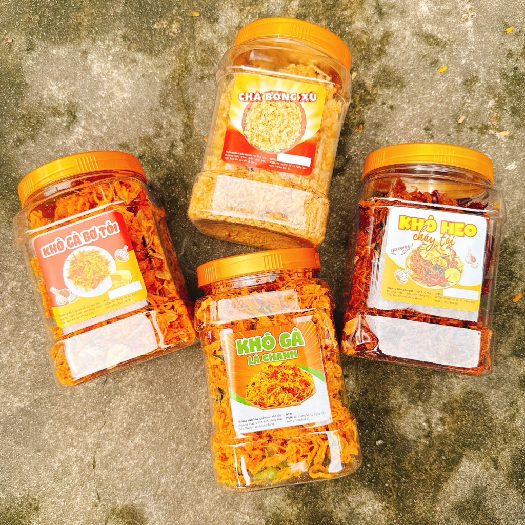 combo 2KG - 4hộpx500gr (1Gà Lá Chanh 500g + 1 Khô Vị Heo Tỏi 500g + 1Gà Tỏi 500g + 1 Chà Bông Xù 500g)