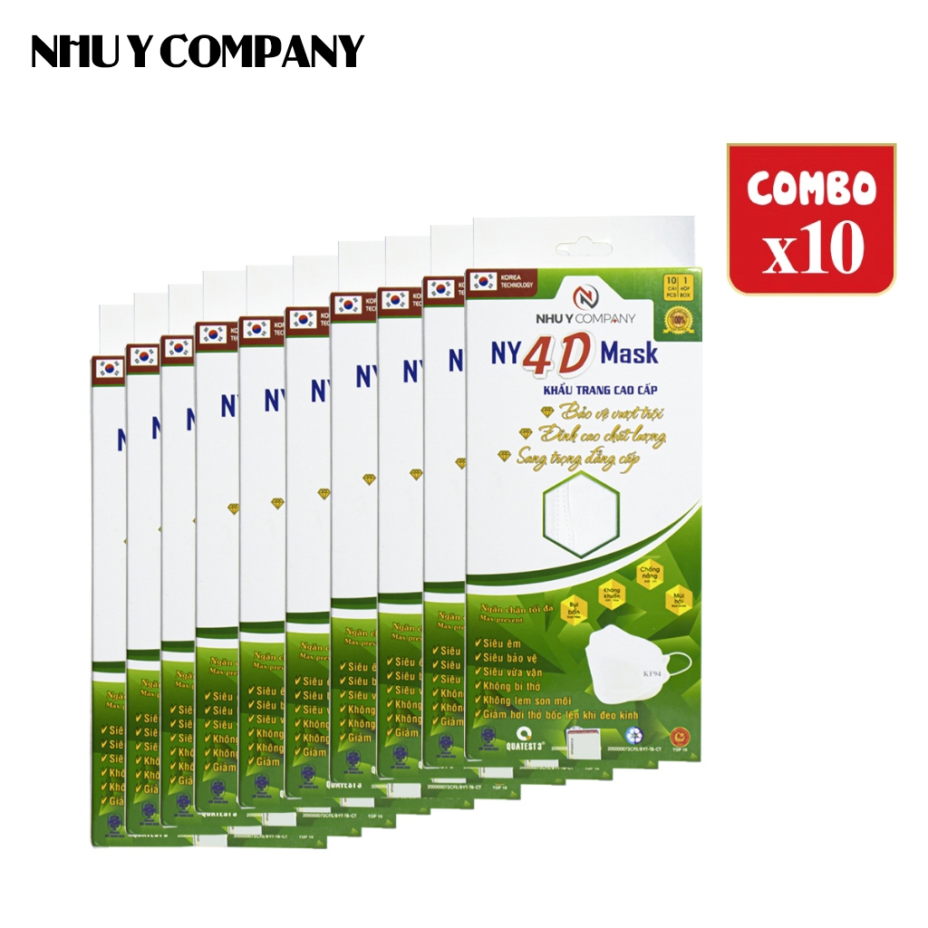 Combo 10 hộp khẩu trang 4D KF94 Như Ý cao cấp, hộp 10 cái, 5 màu, không xù lông, không bí thở