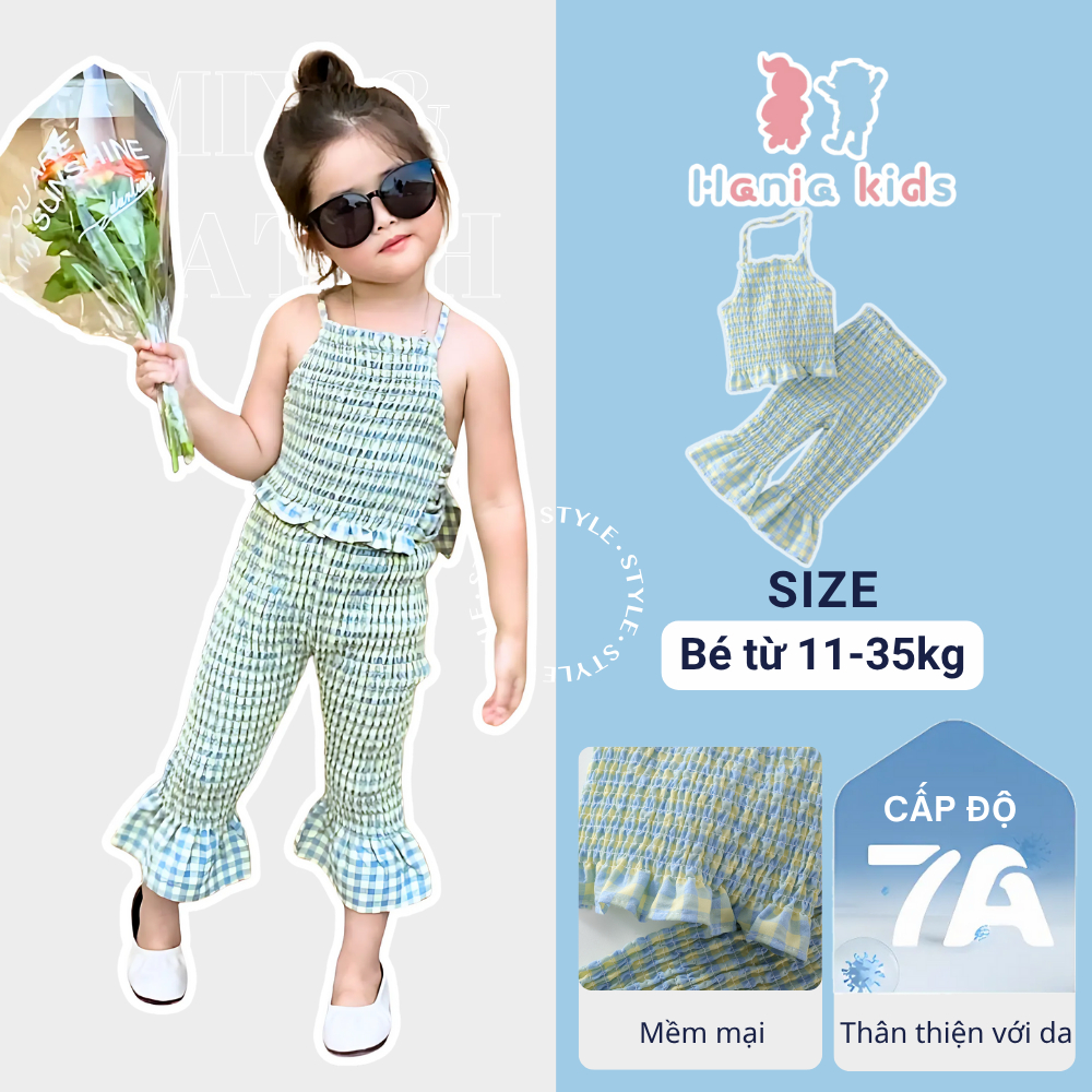 Set  Đồ Bé Gái, Set Áo Yếm Kẻ Caro Phối Quần Loe Bo Chun Cho Bé Gái Chất Liệu Cotton Thoáng Khí