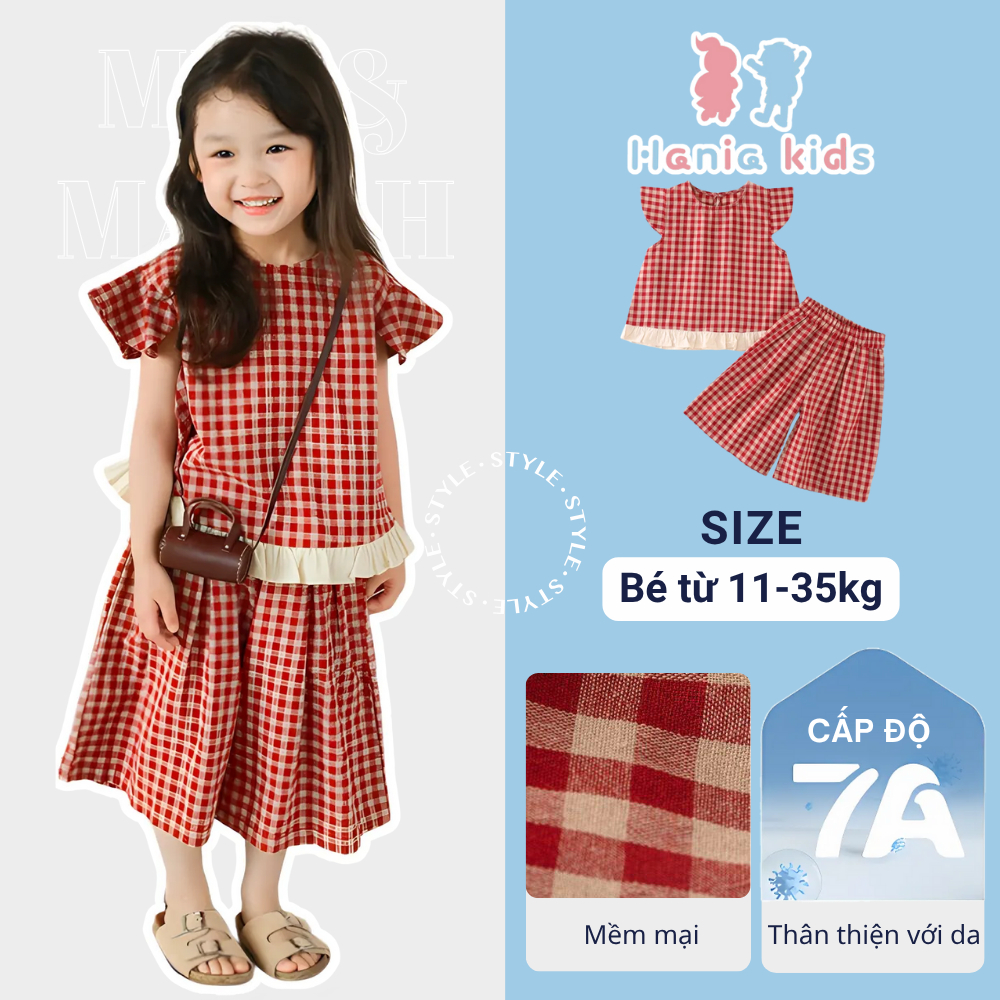 Đồ Bộ Bé Gái, Set Đồ Bộ Caro Cho Bé Gái Thiết Kế Áo Cánh Tiên Phối Cổ Bèo Và Quần Suông