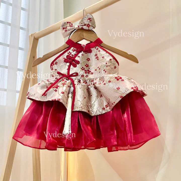 Váy Tết Công Chúa Cho Bé Gái LANVY. Thiết Kế Cổ Yếm, Chất Gấm Hoa Thêu, Cho Bé Mặc Noel,Tết, Kèm Phụ Kiện