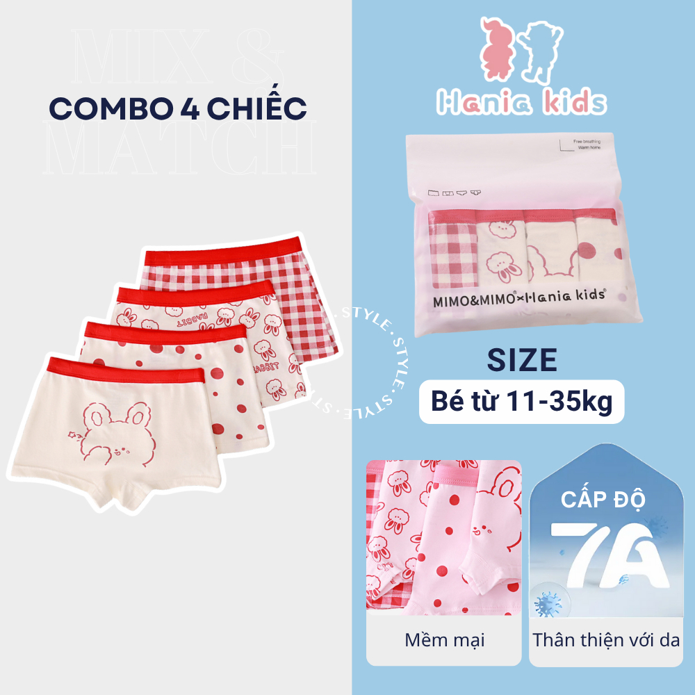 Set 4 Quần Lót Cho Bé Gái Loại A Chất Liệu Cotton Kháng Khuẩn Họa Tiết Màu Đỏ Dễ Thương Mềm Mại