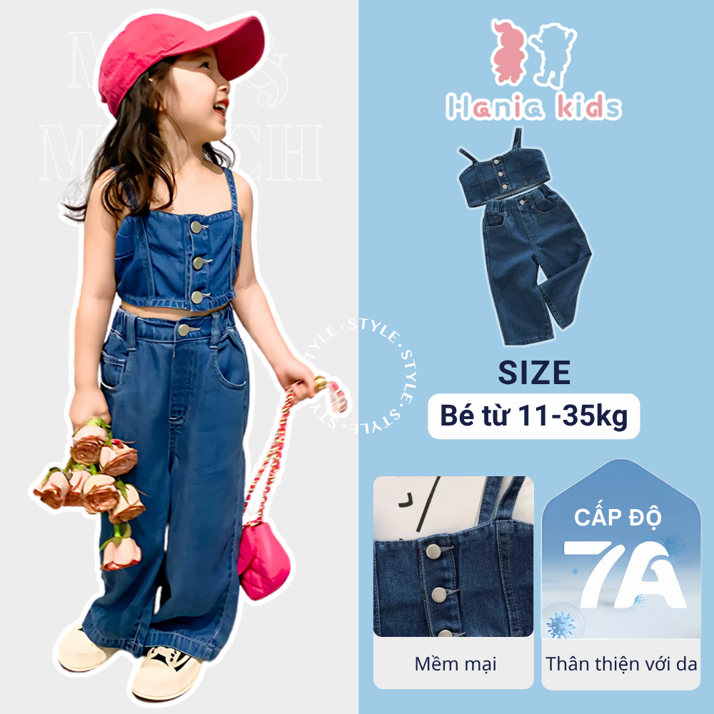 Set Đồ Bé Gái, Set Áo Hai Dây Quần Dài Jean Cá Tính Cho Bé Gái Chất Jean Mềm Mịn