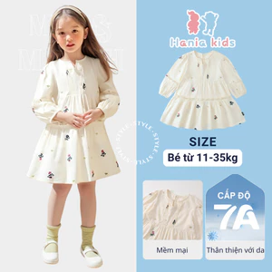 Váy Cho Bé Gái HANIA KIDS, Váy Babydoll Thêu Hoa Nhí Tay Bo Chất Liệu An Toàn Với Da Bé