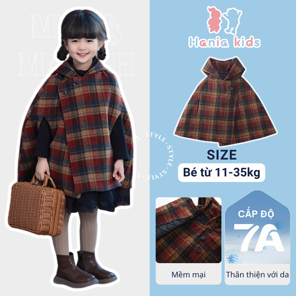 Áo Khoác Cho Bé Gái HANIA KIDS, Áo Choàng Thu Đông Kẻ Có Mũ Cho Bé Xinh Xắn Dễ Thương
