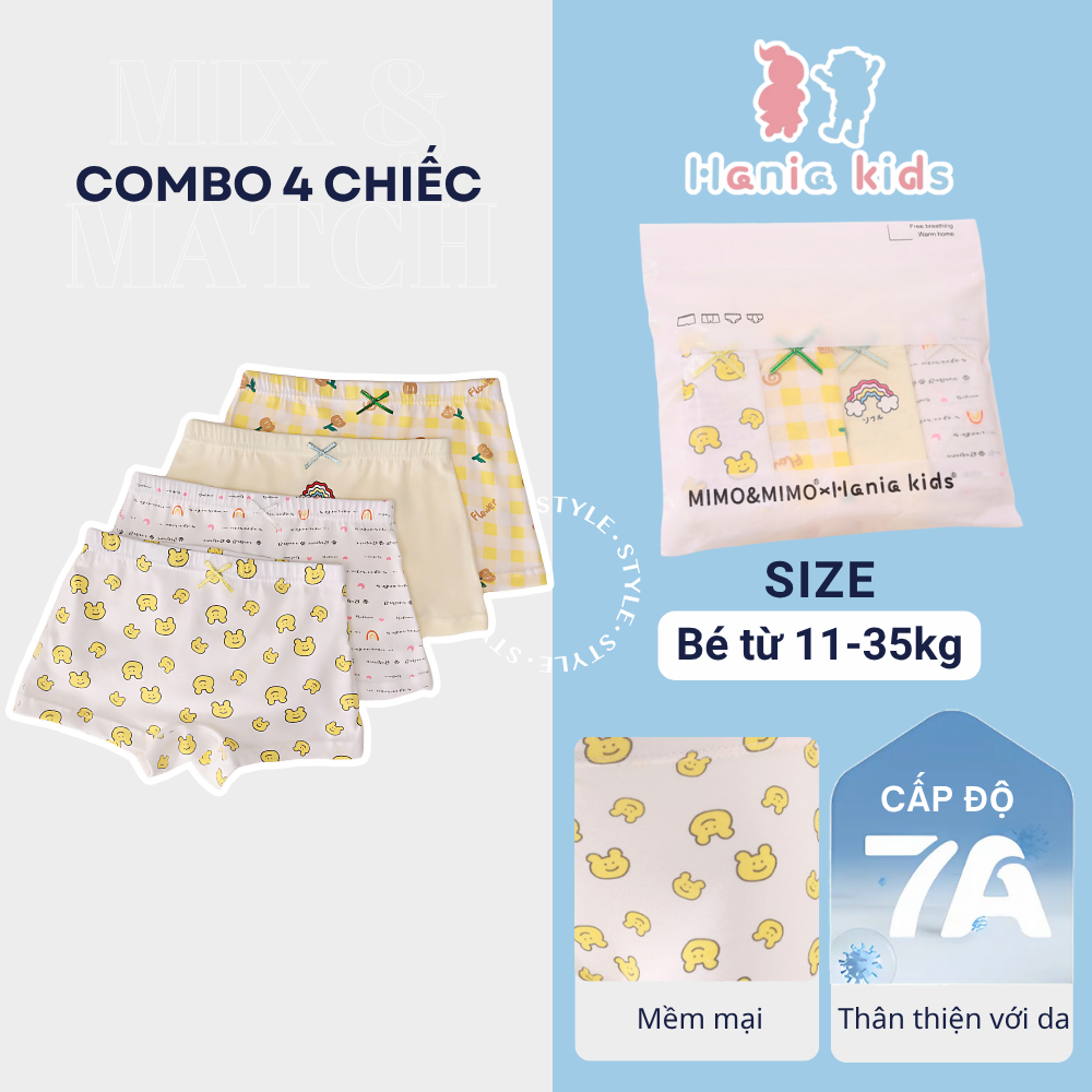 Set 4 Chiếc Quần Lót Cho Bé Gái Họa Tiết Màu Vàng Dễ Thương Chất Liệu Cotton Mềm Mại