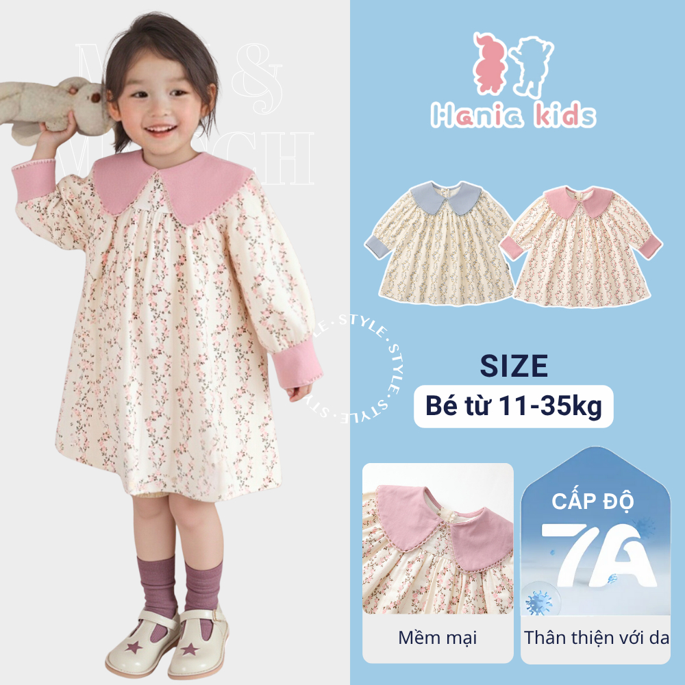 Váy Cho Bé Gái, Váy Babydoll Họa Tiết Hoa Dài Tay Cho Bé Gái Màu Hồng & Xanh Đẹp Chất Vải Mềm Mại