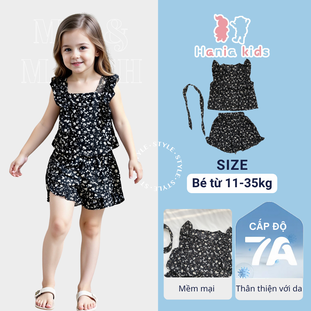 Đồ Bộ Bé Gái, Bộ Áo Quần Áo Cho Bé Hoa Cánh Tiên Mùa Hè Màu Đen Hoa Cho Bé Gái Chất Liệu Mềm Mại