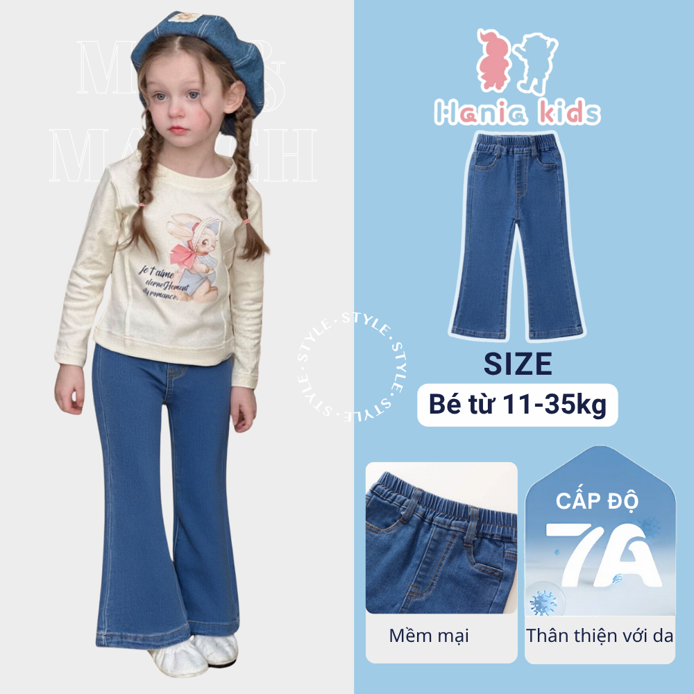 Quần jean Ống Loe Cho Bé Gái, Quần Jean Trơn Ống Loe HANIA KIDS Cạp Chun Cho Bé Gái Chất Liệu Mềm