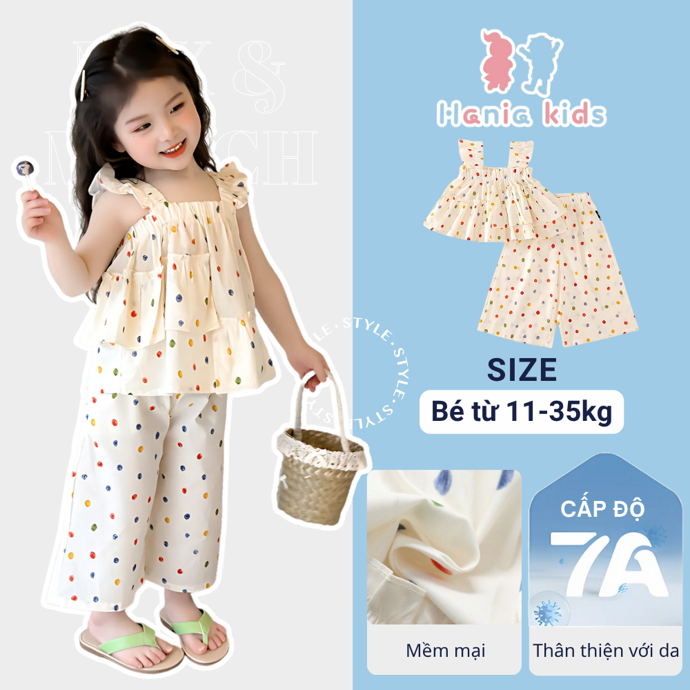Set Đồ Bộ Bé Gái Chấm Bi, Set Áo 2 Dây Kèm Quần Ống Rộng Siêu Dễ Thương Chất Liệu Cotton Mềm Mịn