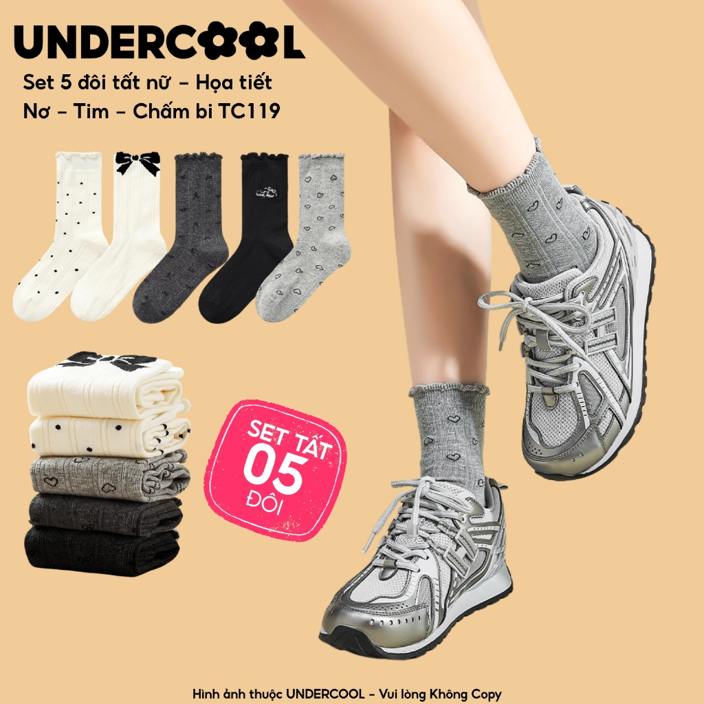 Set 5 đôi tất nữ cổ cao bèo nhún vintage họa tiết Nơ Tim Chấm bi UNDERCOOL chất cotton thoáng khí Hàn Quốc TC119