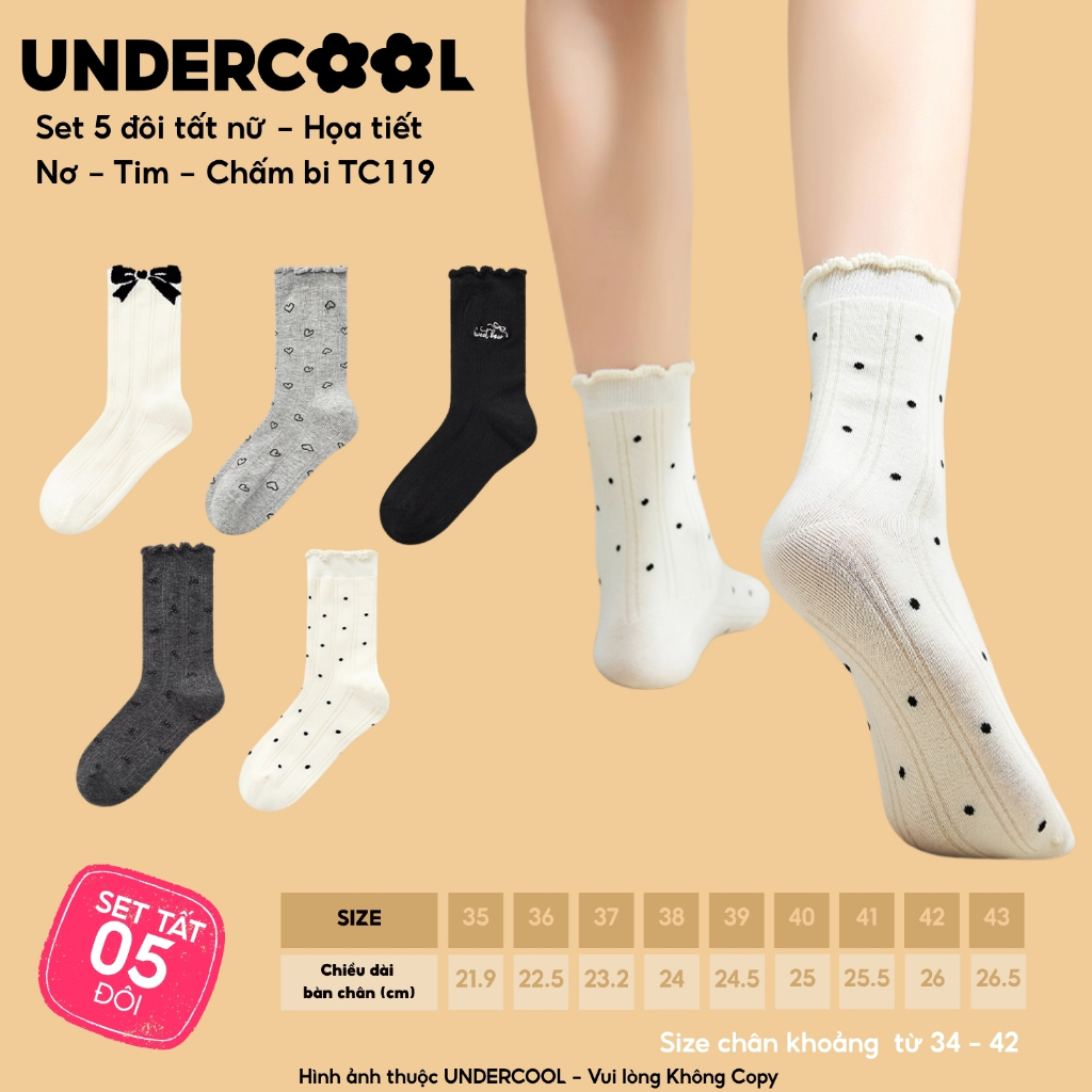 Set 5 đôi tất nữ cổ cao bèo nhún vintage họa tiết Nơ Tim Chấm bi UNDERCOOL chất cotton thoáng khí Hàn Quốc TC119