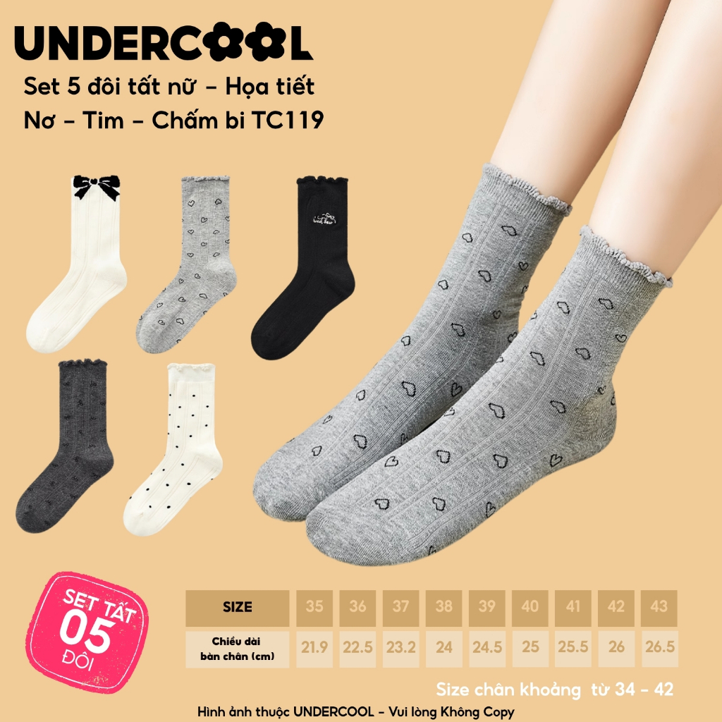 Set 5 đôi tất nữ cổ cao bèo nhún vintage họa tiết Nơ Tim Chấm bi UNDERCOOL chất cotton thoáng khí Hàn Quốc TC119