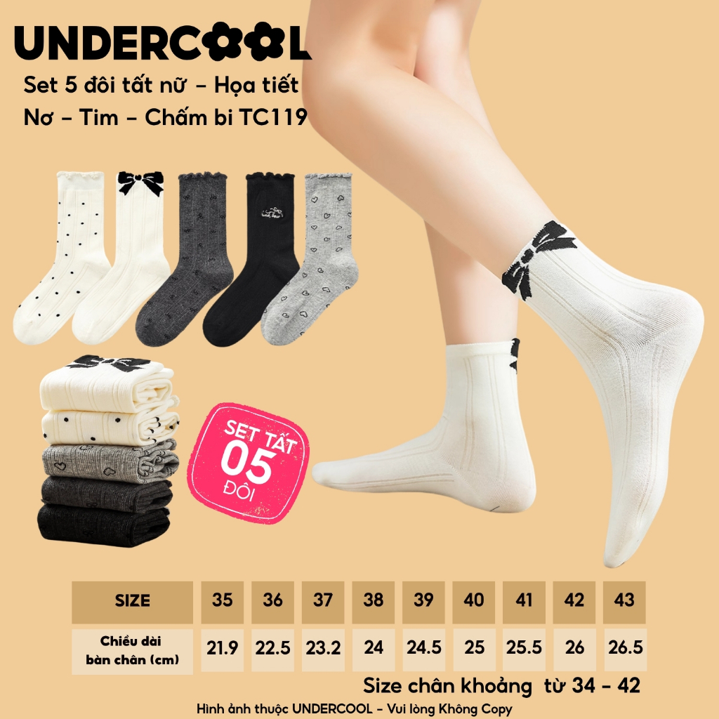 Set 5 đôi tất nữ cổ cao bèo nhún vintage họa tiết Nơ Tim Chấm bi UNDERCOOL chất cotton thoáng khí Hàn Quốc TC119