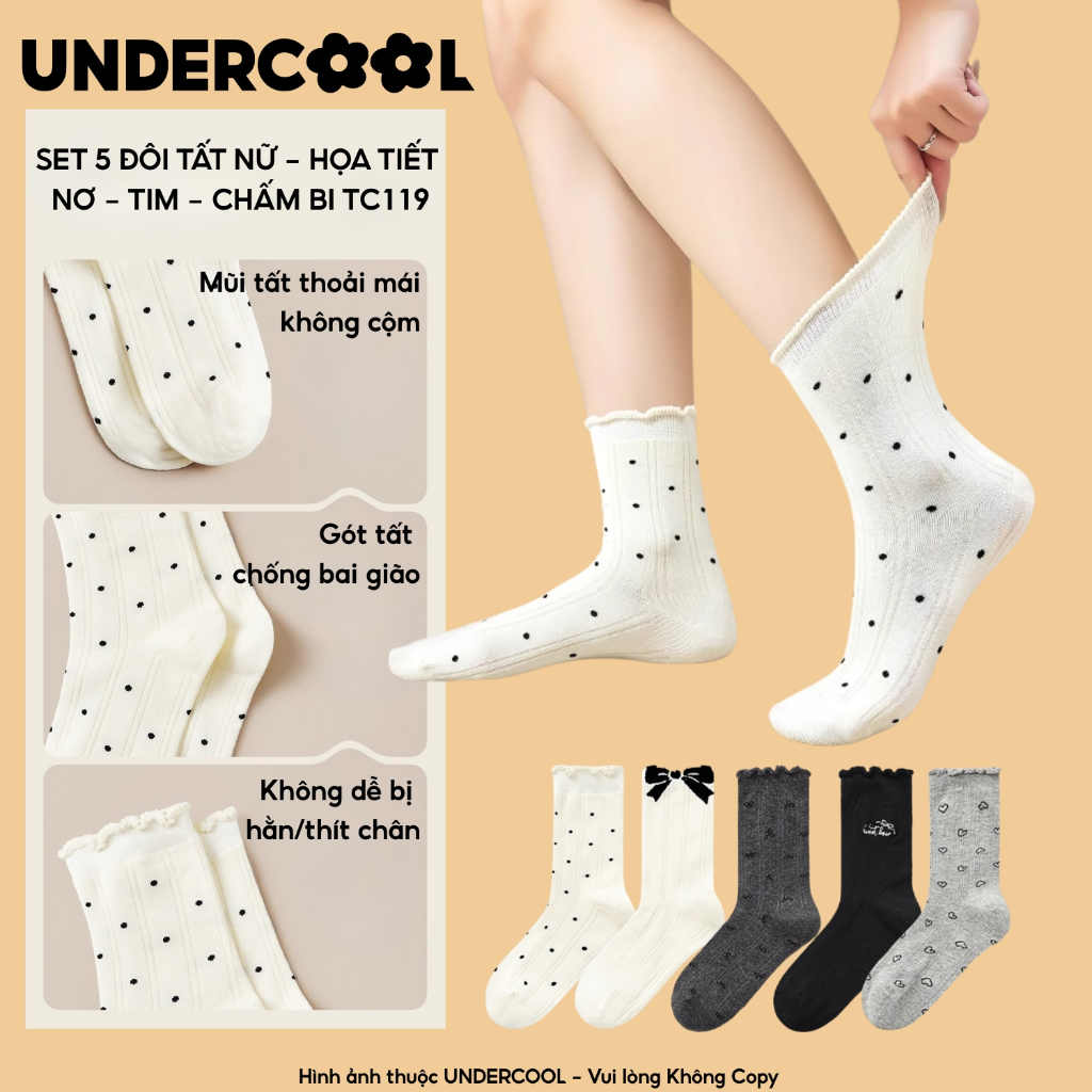 Set 5 đôi tất nữ cổ cao bèo nhún vintage họa tiết Nơ Tim Chấm bi UNDERCOOL chất cotton thoáng khí Hàn Quốc TC119