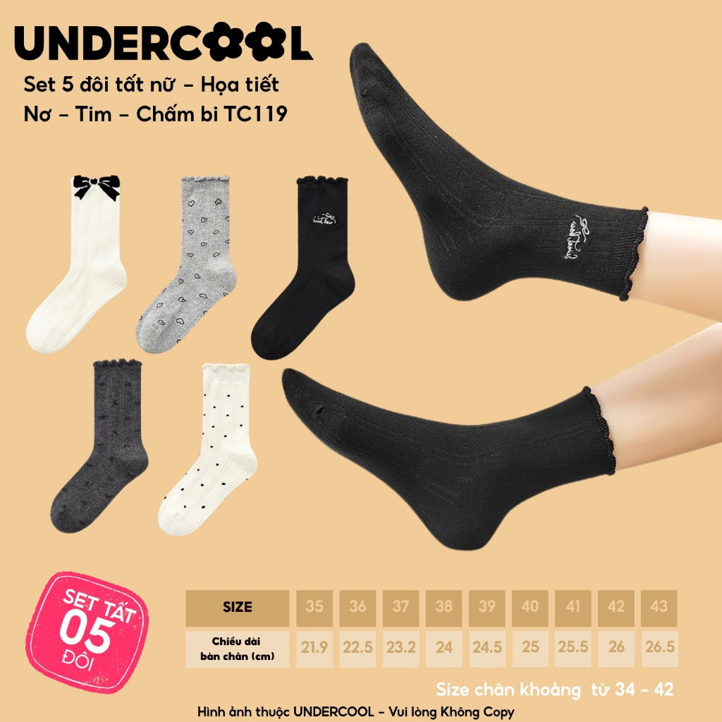 Set 5 đôi tất nữ cổ cao bèo nhún vintage họa tiết Nơ Tim Chấm bi UNDERCOOL chất cotton thoáng khí Hàn Quốc TC119