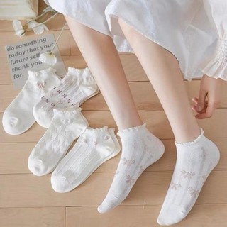 IK Set 5 Đôi Tất Vớ Ren Trắng Cổ Bèo Tiểu Thư Cao Cổ, Cổ Ngắn Chất Liệu Cotton Có Họa Tiết V3