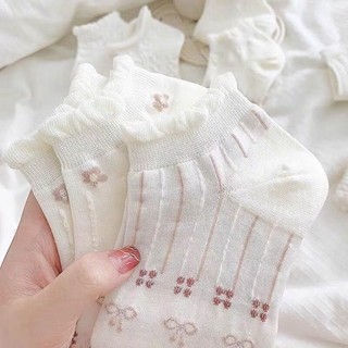 IK Set 5 Đôi Tất Vớ Ren Trắng Cổ Bèo Tiểu Thư Cao Cổ, Cổ Ngắn Chất Liệu Cotton Có Họa Tiết V3