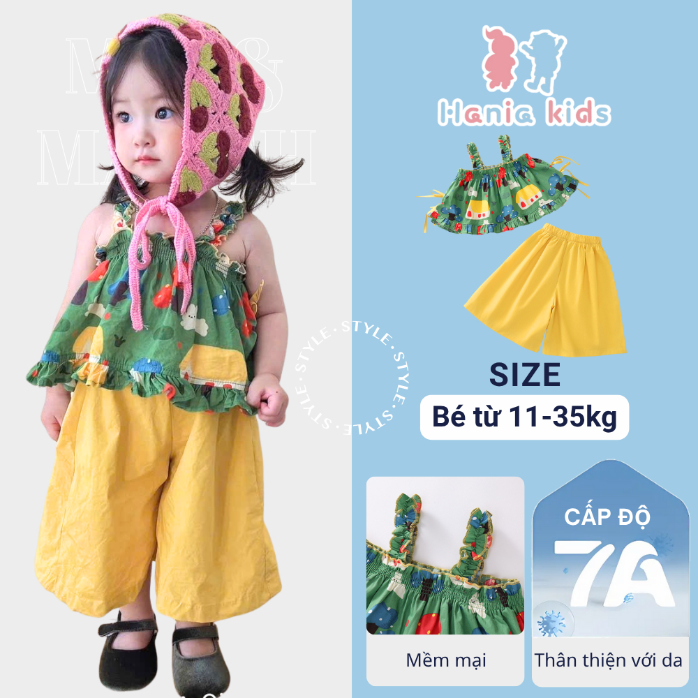 Set Đồ Bé Gái, Set Bộ 2 Dây Cho Bé Gái Áo Bèo Chun Phối Quần Ống Rộng Chất Liệu Mềm Mại