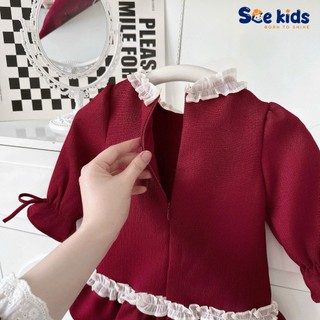 Váy babydoll dễ thương bé gái, dầm dự tiệc xinh xắn tông đỏ kiểu dáng tiểu thư, váy quả bí nơ cổ
