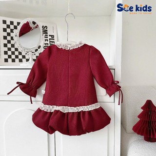 Váy babydoll dễ thương bé gái, dầm dự tiệc xinh xắn tông đỏ kiểu dáng tiểu thư, váy quả bí nơ cổ