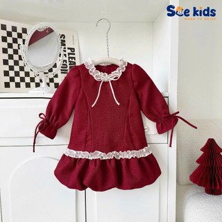 Váy babydoll dễ thương bé gái, dầm dự tiệc xinh xắn tông đỏ kiểu dáng tiểu thư, váy quả bí nơ cổ