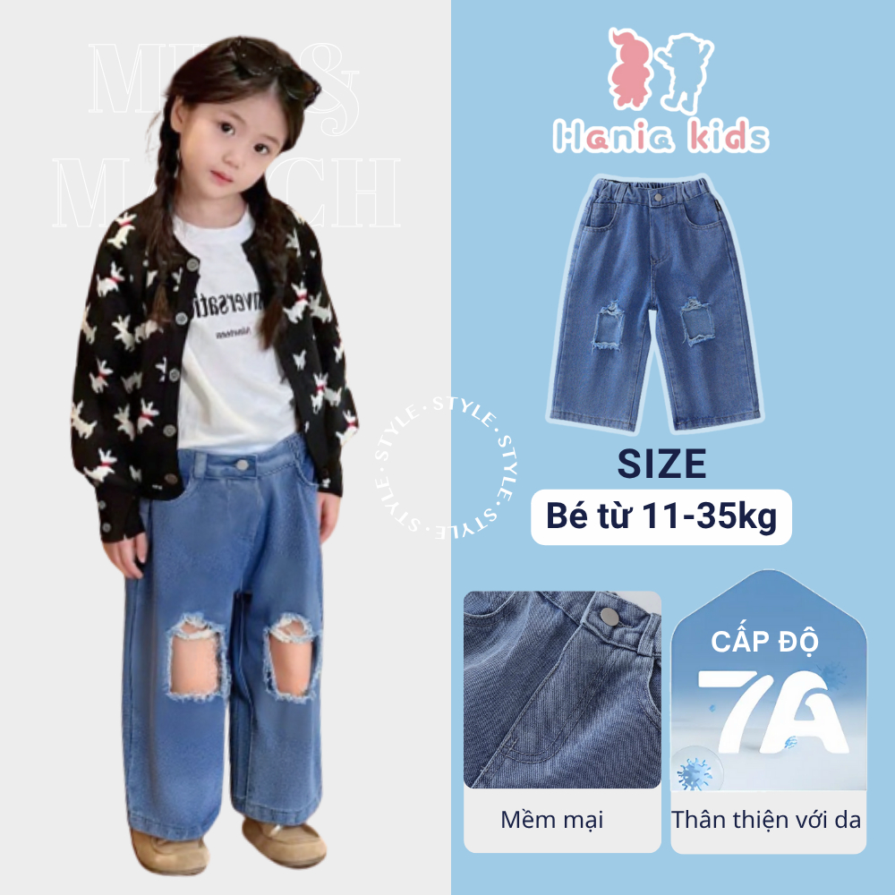 Quần Jean Bé Gái HANIA KIDS Rách Gối Phong Cách Cá Tính Năng Động