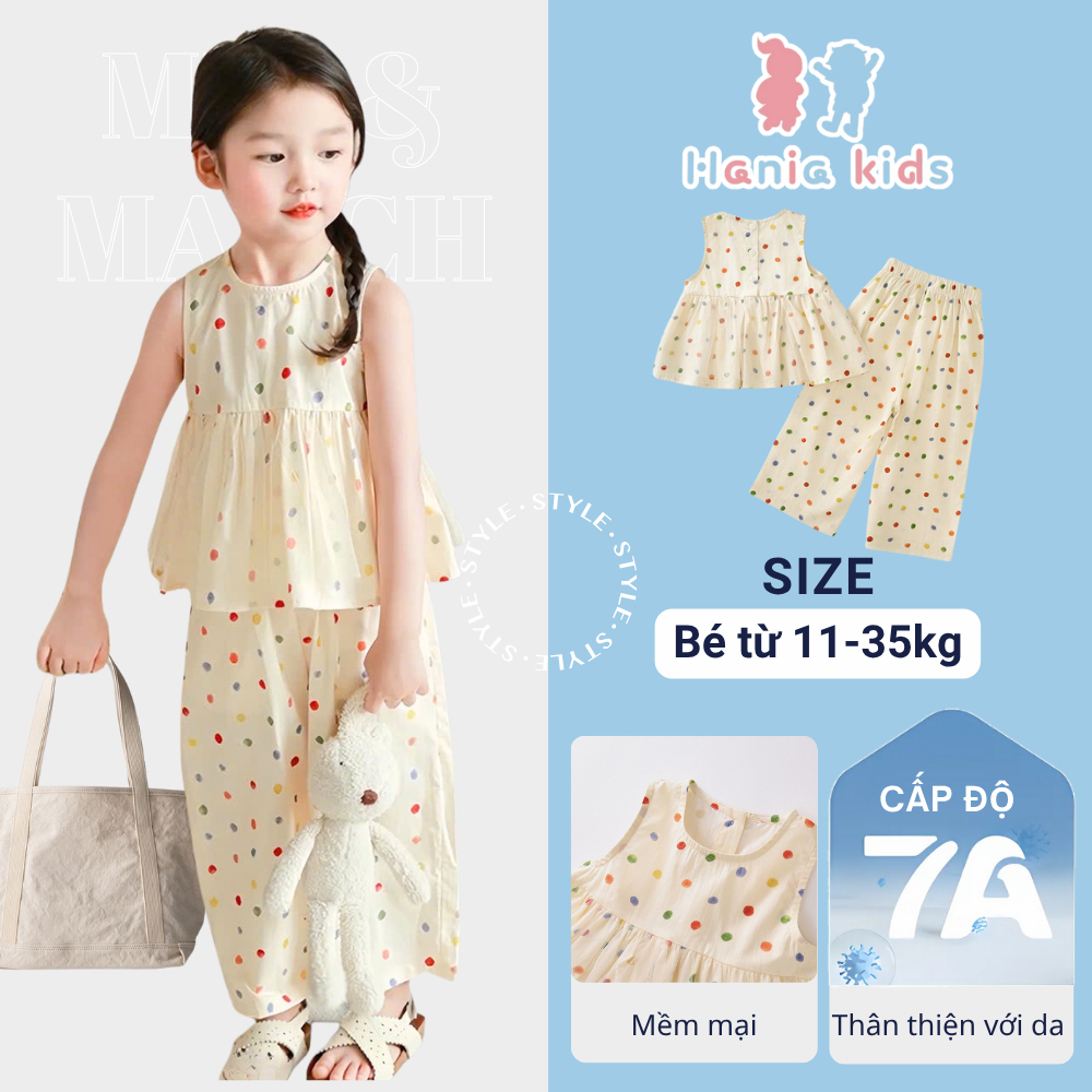 Set Đồ Bé Gái, Set Áo Ba Lỗ Quần Suông Chấm Bi Cho Bé Gái Chất Liệu Cotton Thoáng Mát