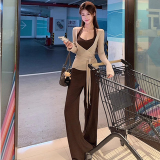 áo dài tay mỏng mùa thu hồng hàn quốc nâu set đồ nữ quần dài sang chảnh