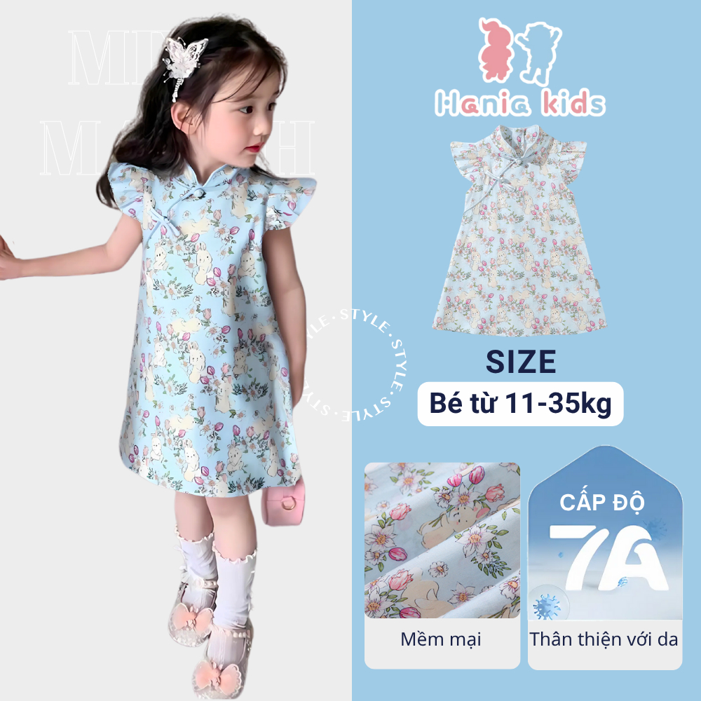 Váy Cho Bé Gái, Váy Cổ Yếm Cho Bé Gái Hania Kids Phong Cách Trung Hoa Tay Cánh Tiên