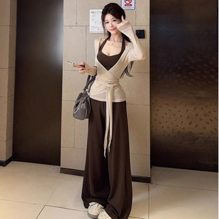 áo dài tay mỏng mùa thu hồng hàn quốc nâu set đồ nữ quần dài sang chảnh