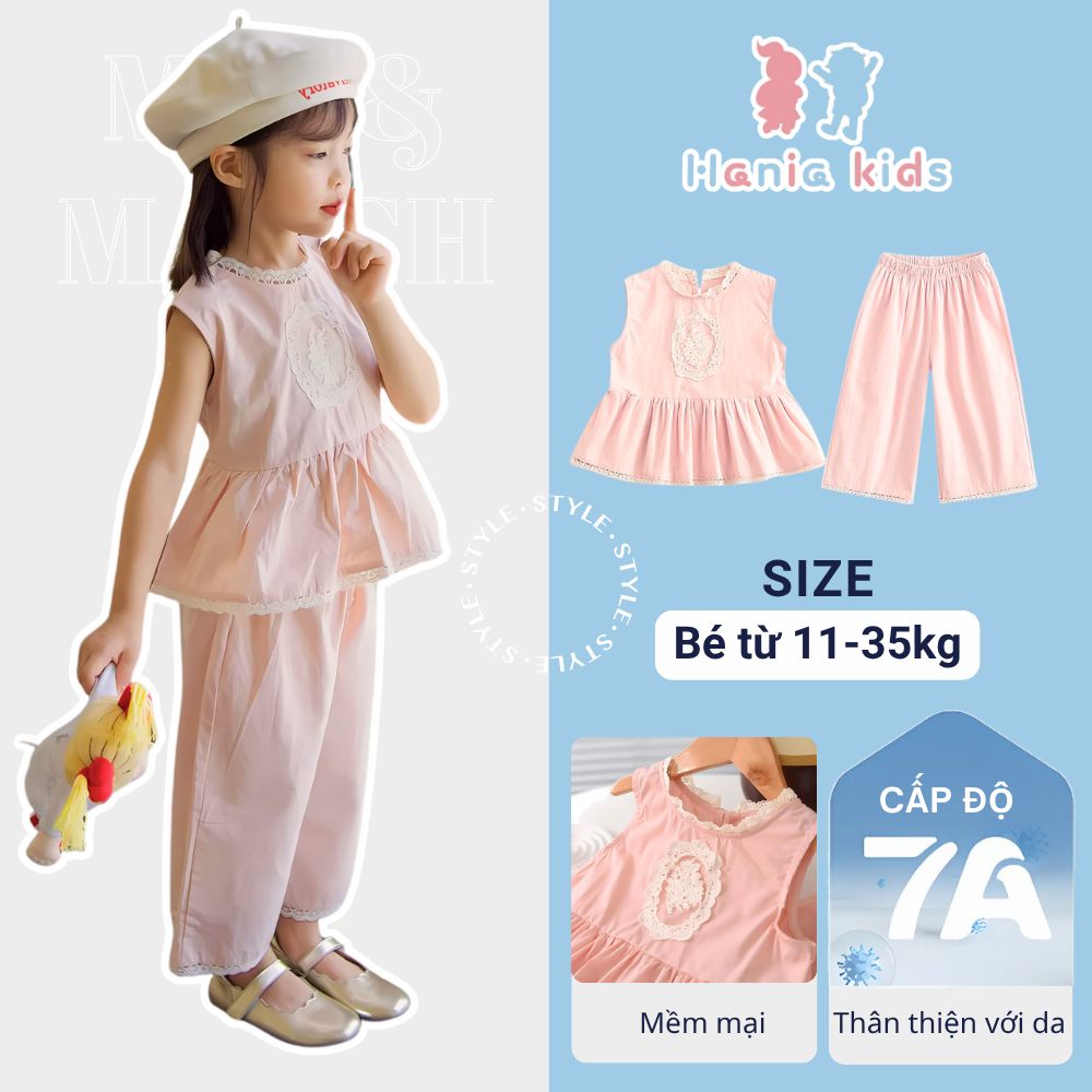 Set Đồ Bé Gái, Set Đồ Bộ Bé Gái Sang Chảnh Họa Tiết Phối Ren Chất Cotton Đũi Mềm Mại Thoáng Khí