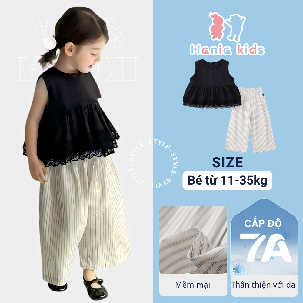 Set Đồ Bé Gái, Set Áo Cho Bé Babydoll Viền Ren Phối Quần Dài Kẻ Suông Sang Chảnh Chất Liệu Thô Mềm