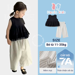 Set Đồ Bé Gái, Set Áo Cho Bé Babydoll Viền Ren Phối Quần Dài Kẻ Suông Sang Chảnh Chất Liệu Thô Mềm
