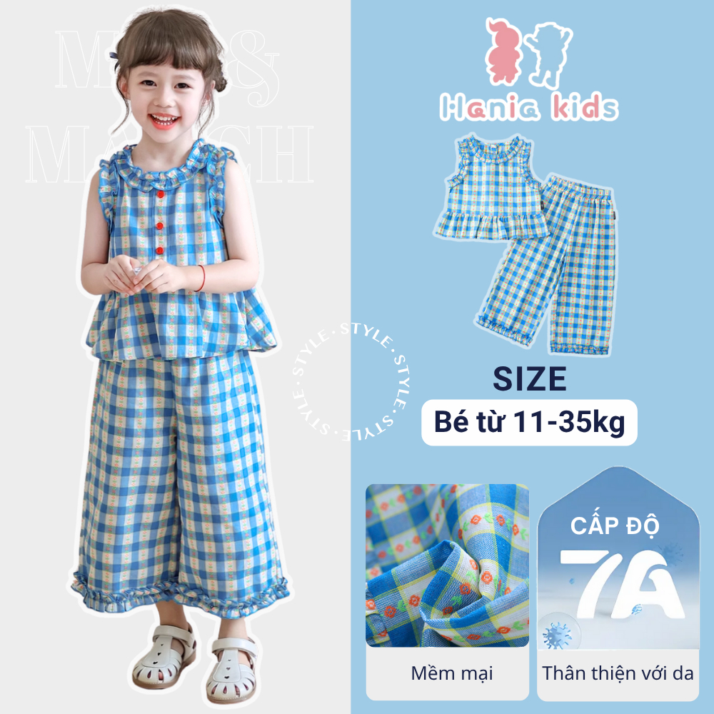 Set Đồ Bé Gái Sát Nách Kẻ Caro Viền Bèo Nhún Phối Quần Ống Suông Chất Liệu Mềm Mại